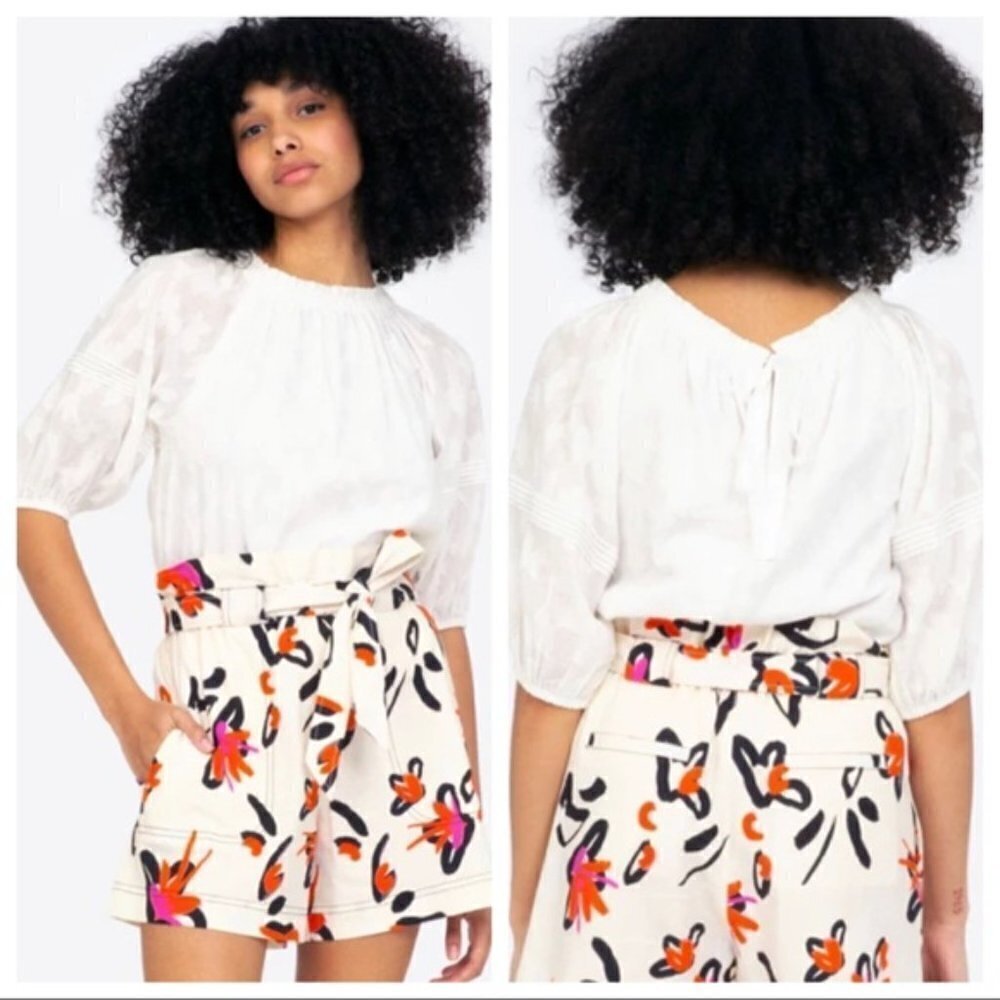 Tanya Taylor Cassidy Puff Sleeve Back Tie Top Blouse White XS‎